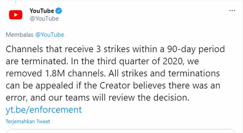 YouTube akan Menutup Channel yang Menerima 3 Teguran Dalam Jangka Waktu 90 Hari